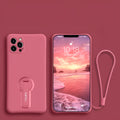 Liquid silicone anti-drop phone case for Apple iPhone 12 series, raised screen and camera protection, rotating bracket, lanyard, black colour