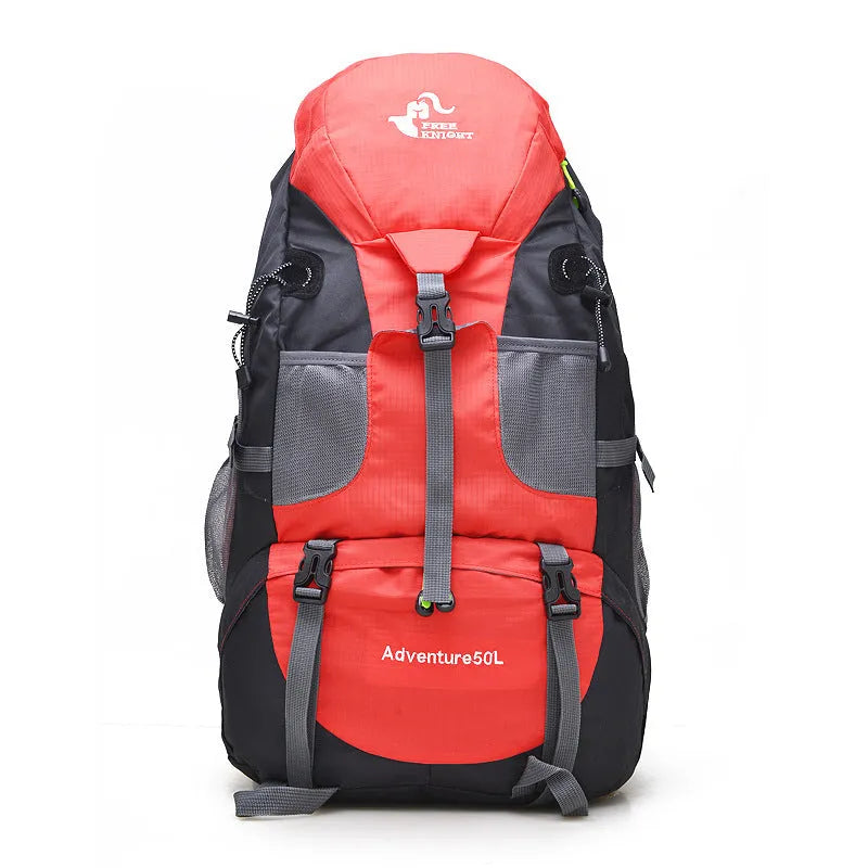 50L waterproof foldable nylon backpack in red with adjustable straps and chest belt