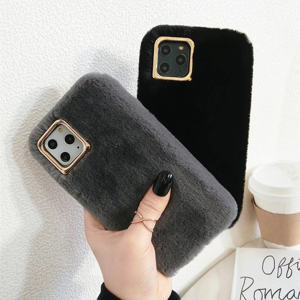 Rabbit plush phone case with thick padding and soft silicone shell for iPhone, shown in apricot colour.
