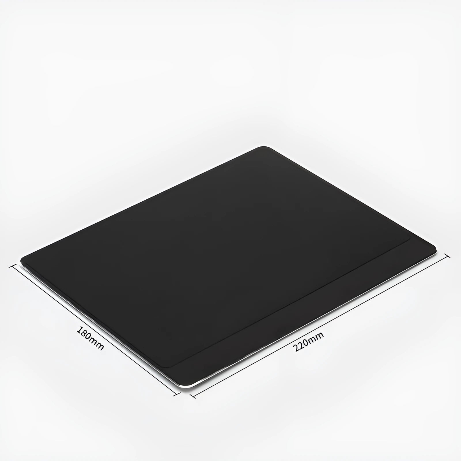 Metal alloy desk mat mouse pad in silver, large size, on a wooden desk