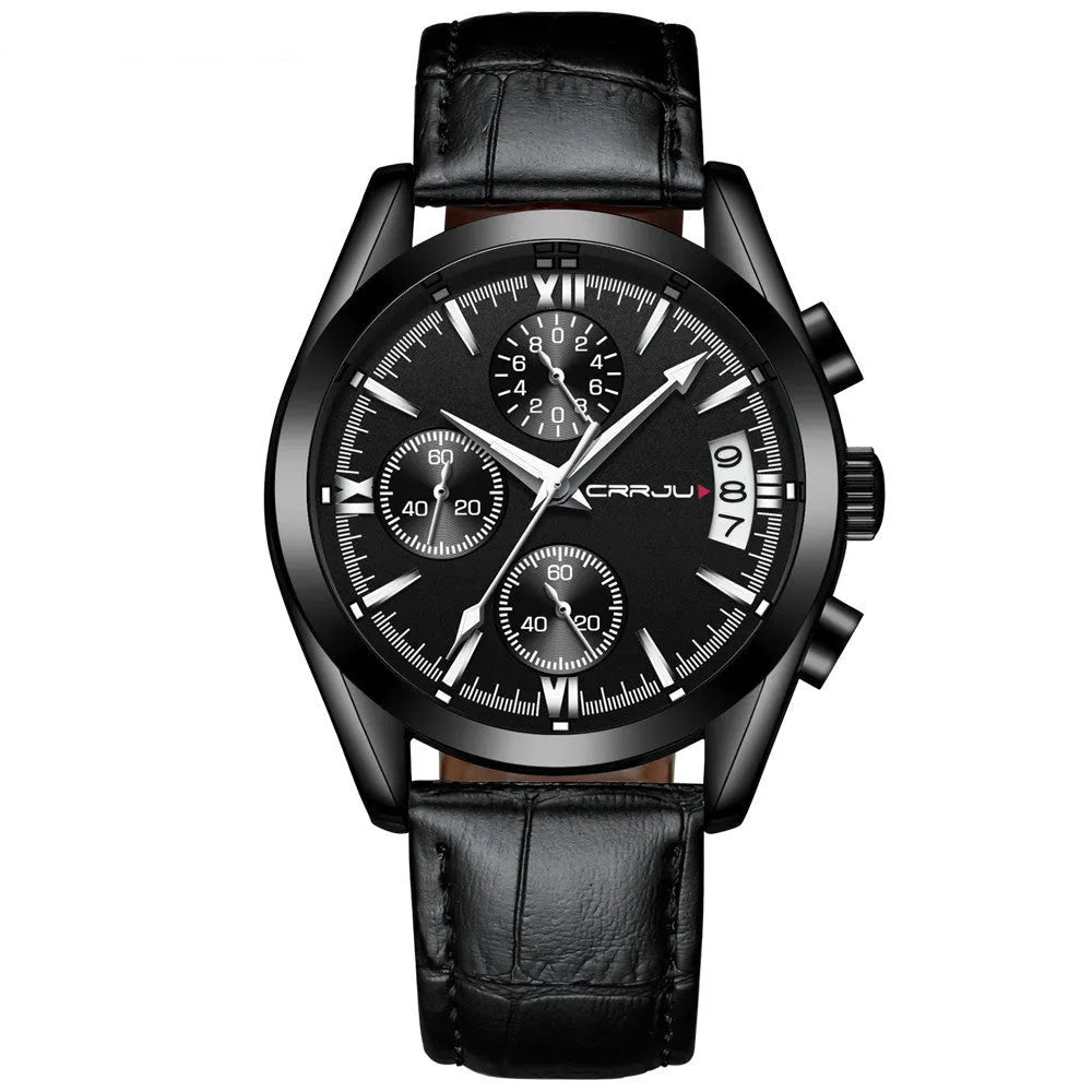 Men's multi-functional quartz watch with black shell and rose gold hands on a brown leather strap