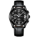 Men's multi-functional quartz watch with black shell and rose gold hands on a brown leather strap