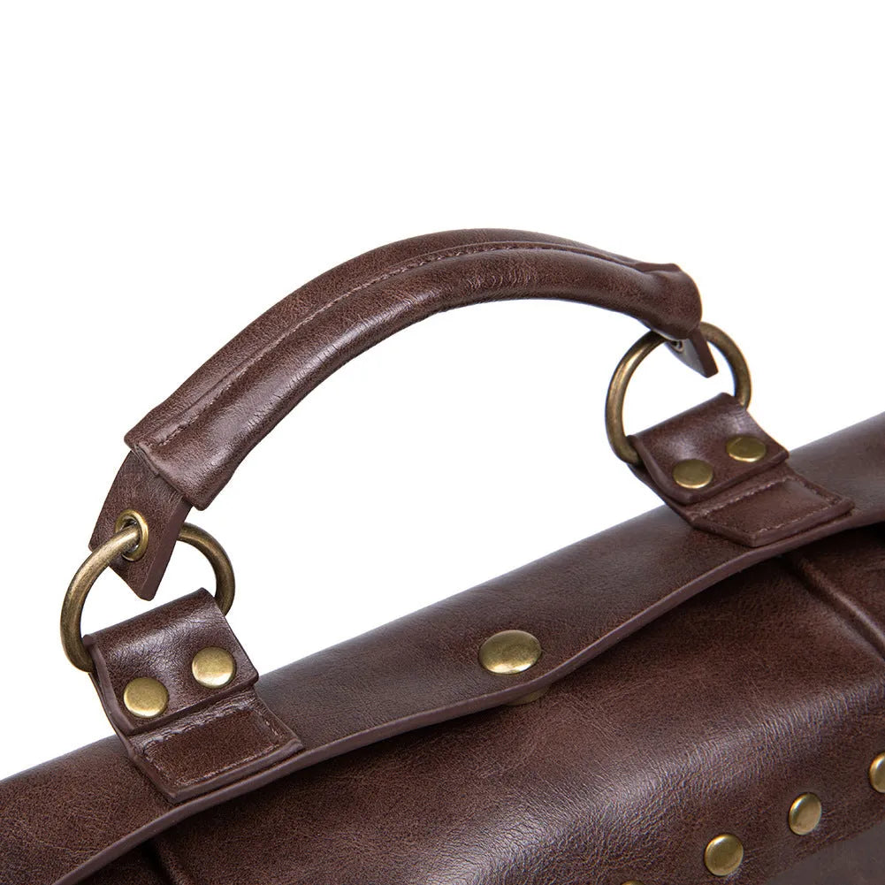 Bronze steampunk shoulder bag with metal hardware and horizontal square pillow design