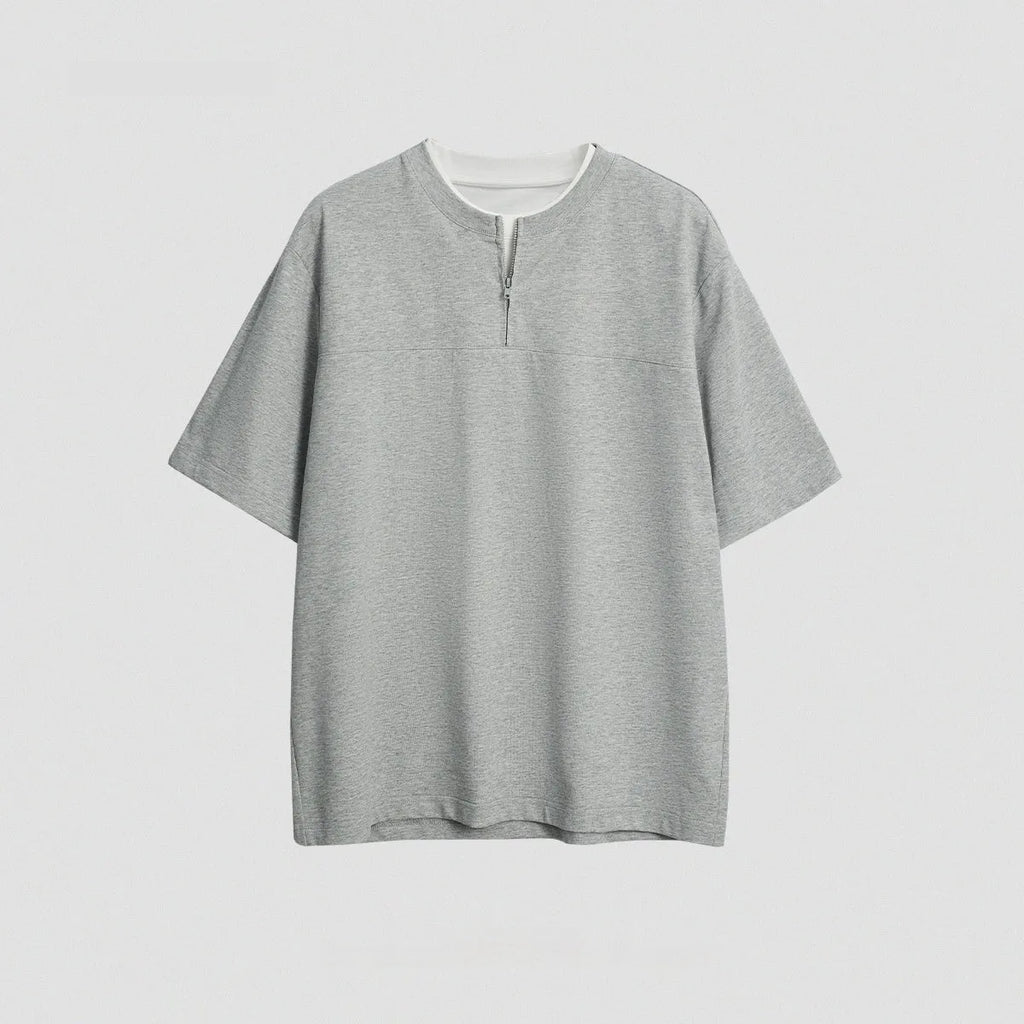 Women's solid colour loose patchwork top with zip false two-piece styling in cotton blend fabric