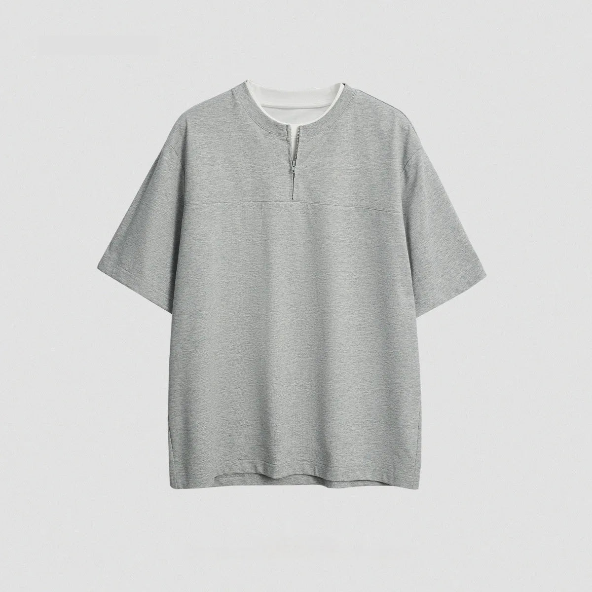 Women's solid colour loose patchwork top with zip false two-piece styling in cotton blend fabric