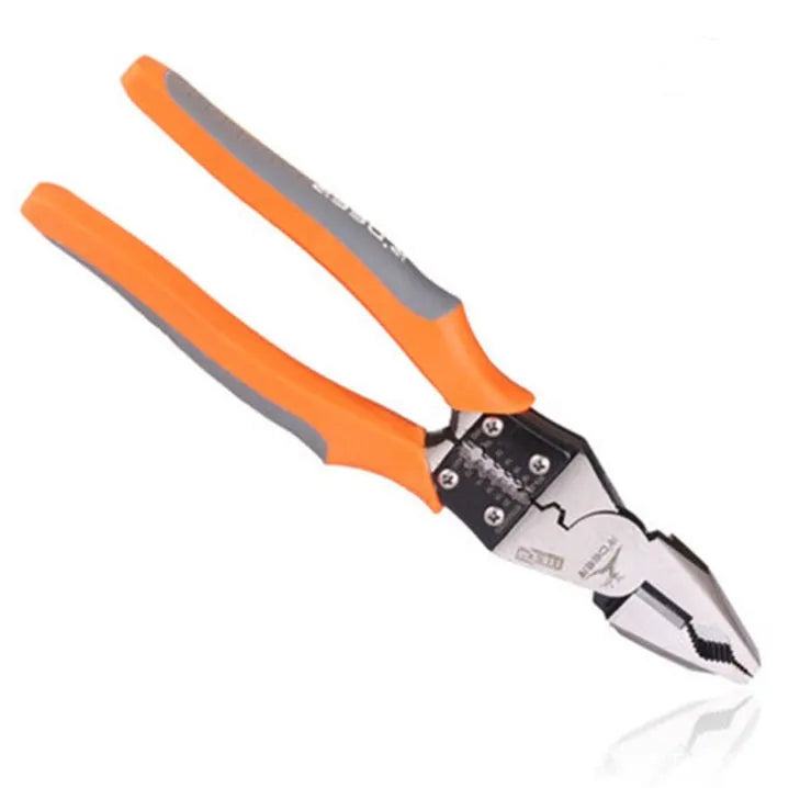 Orange handled multi-function wire cutter with forged alloy steel jaws on a workbench.