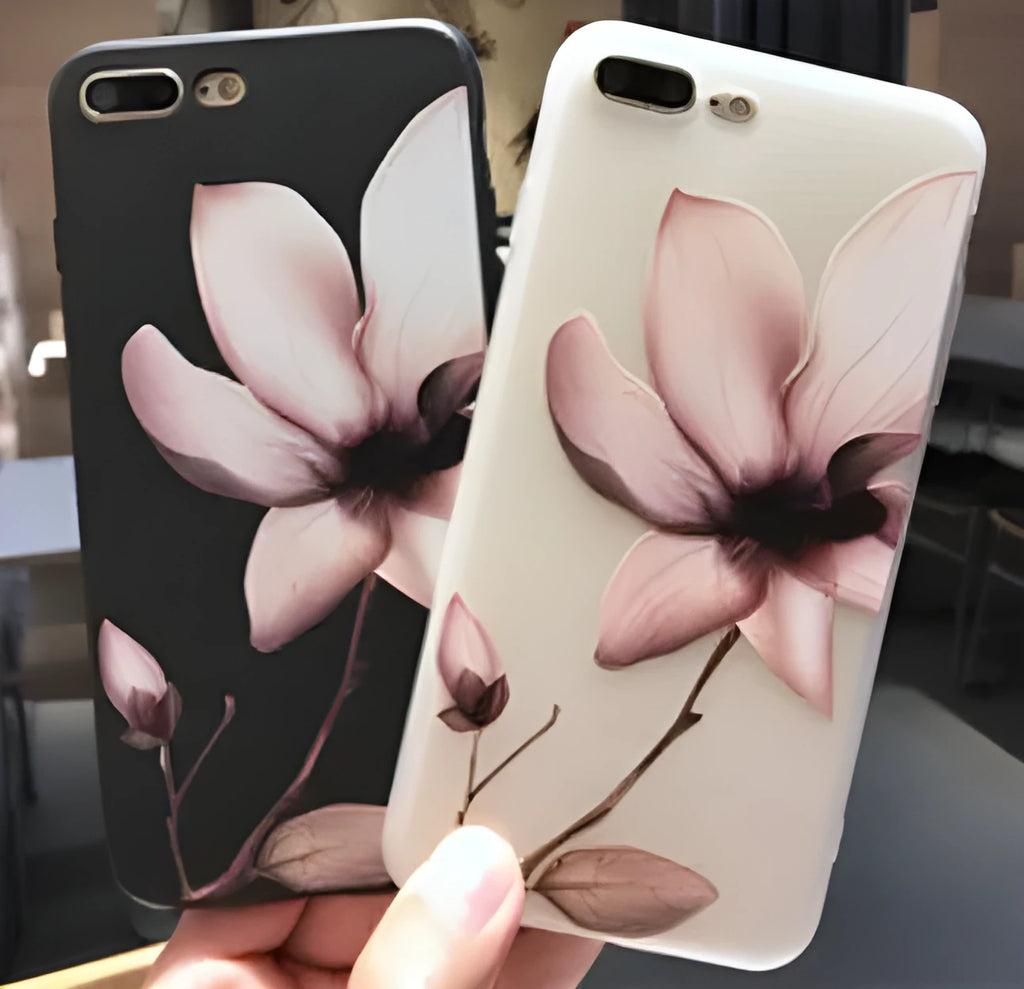 Embossed flower pattern TPU phone case for iPhone in black and white options