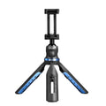 Black desktop mobile phone tripod stand with aluminium alloy legs and a plastic lazy bracket holder.