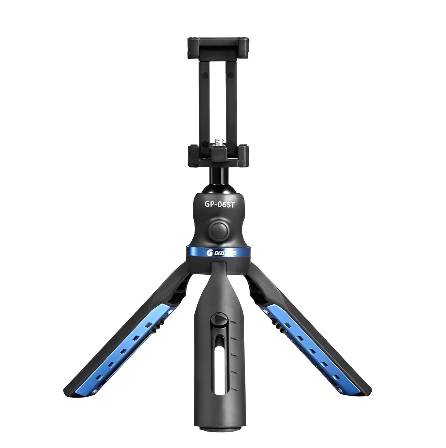 Black desktop mobile phone tripod stand with aluminium alloy legs and a plastic lazy bracket holder.