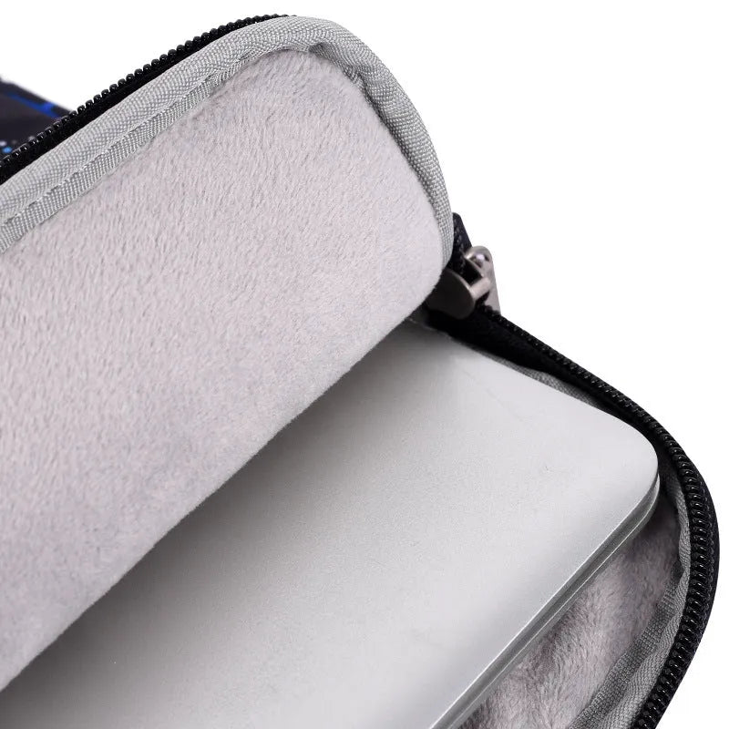 Black waterproof polyester laptop liner bag with 13 inch laptop inside, showing 352mm length and slim profile