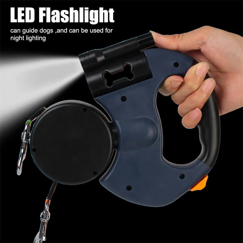 Dual retractable dog leash for small dogs with flashlight, poop bag slot, and 3-metre reflective rope.