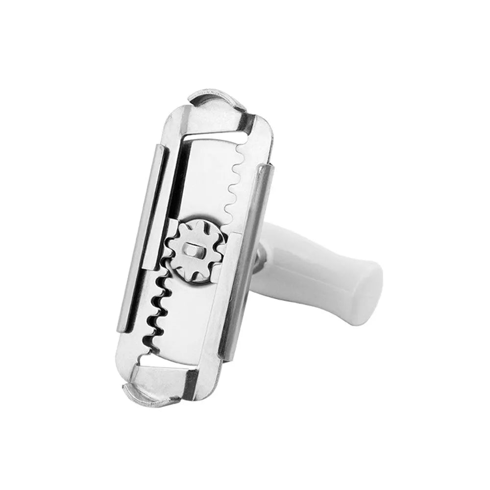 White stainless steel adjustable bottle opener with gear mechanism and anti-slip PP handle