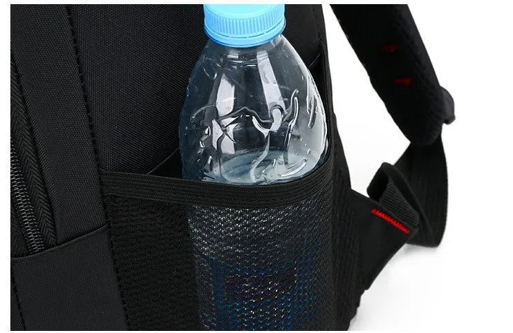 Blue Oxford fabric school backpack with padded black shoulder straps and side pockets.