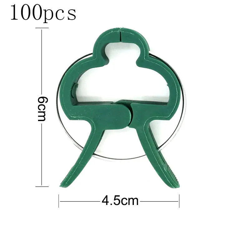 Green plastic and zinc plant fixing clips in large and small sizes for securing climbing plants.