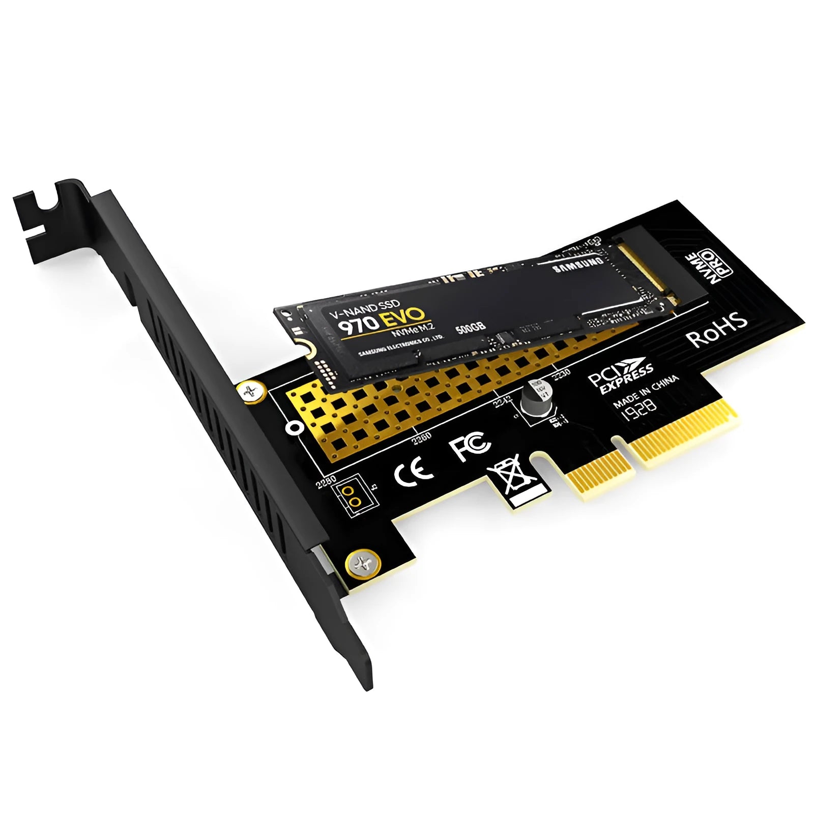 Jiayi SK4 M.2 NVMe adapter card with immersion gold PCBA and LED indicator placed in PCIe slot