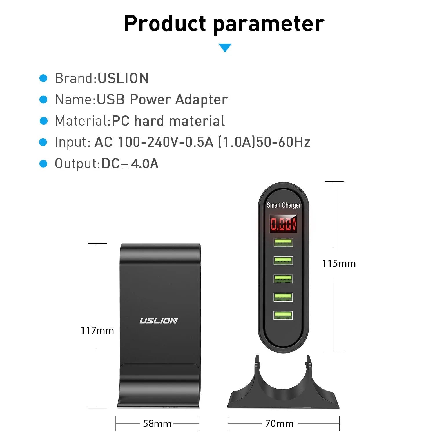 Smart LED digital display USB charger in black or white with choice of plug styles.