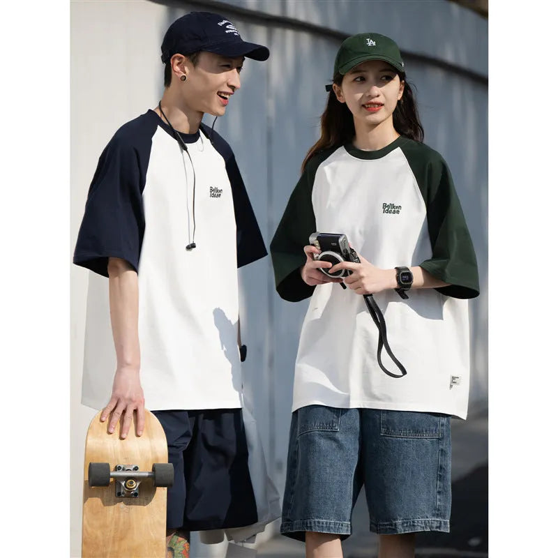 Men's casual raglan sleeve t-shirt in blue, green and grey colours with loose fit design