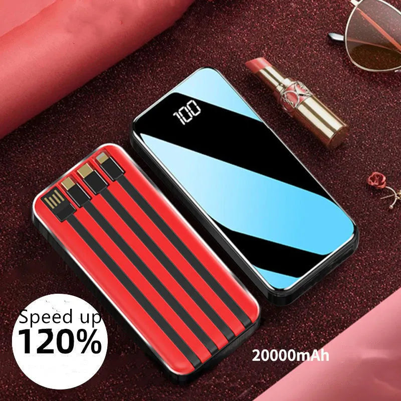 Portable power bank with digital display showing battery percentage, surrounded by USB, Micro USB, Type-C, and Lightning cables.