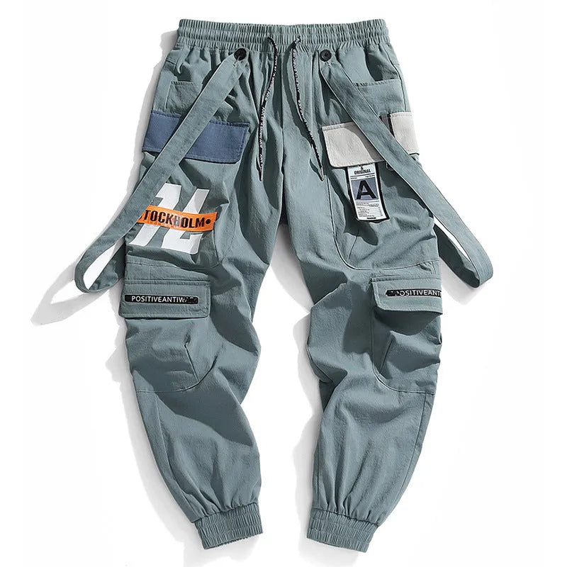 Men's multi-pocket loose fit workwear casual pants in black, grey, and light green with T400 cotton fabric