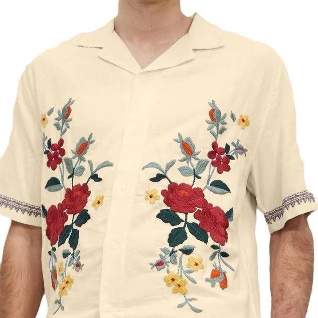 Men's apricot vintage floral print short sleeve shirt with loose fit and lapel collar