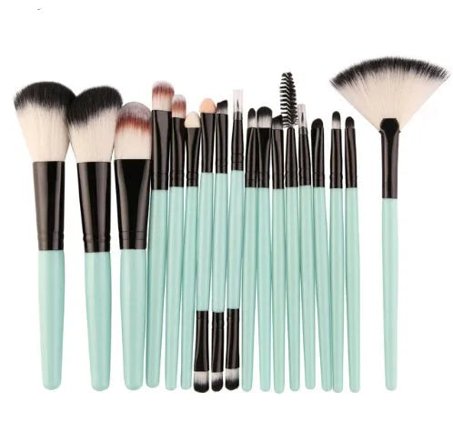 18-piece make-up brush set with various brush heads including a fan brush on a white background.
