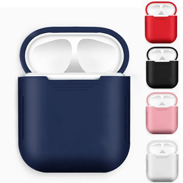 A black TPU and silicone protective case for Apple AirPods with shockproof earmuffs and an attached anti-lost rope.