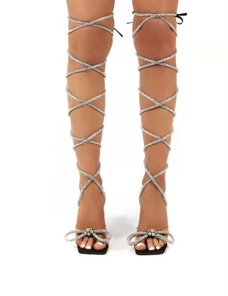 Plus size women's strappy sandals with Roman rhinestone straps and square toe design