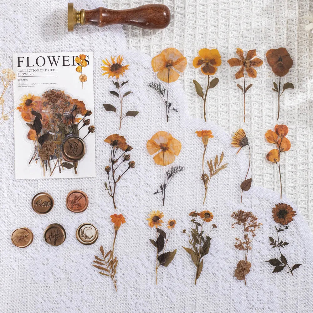 Set of 40 printed PET decorative stickers showing eight artistic styles including dried flowers and leaf specimens.