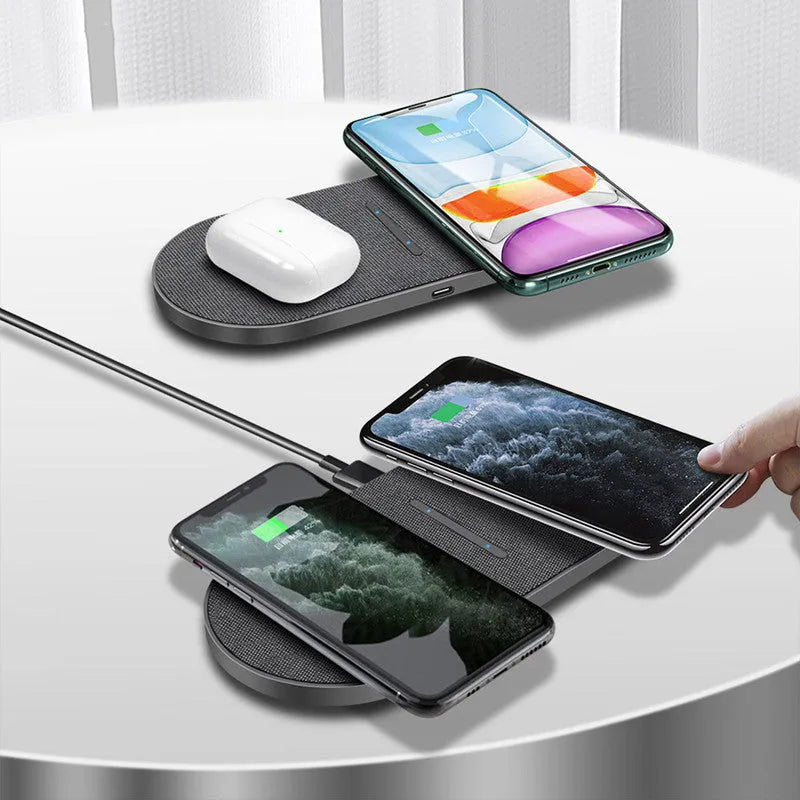 Pair of black 10W wireless charging pads with LED indicators and Type-C ports
