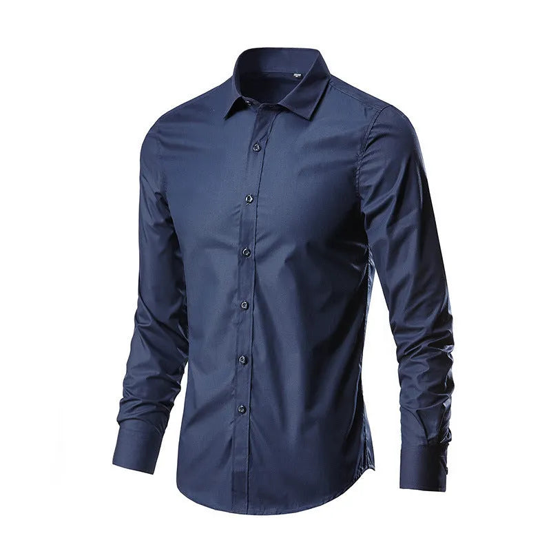 Loose fit long sleeve linen shirt on a hanger, shown in a light colour.
