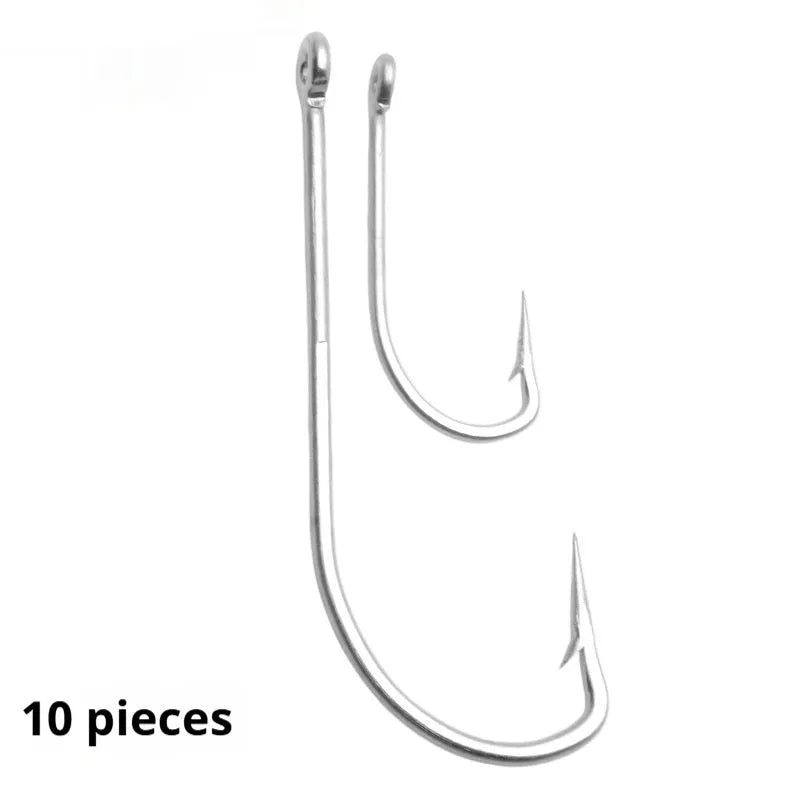 Assortment of multi-style alloy sea fishing hooks for weever and snakehead on a blue background.