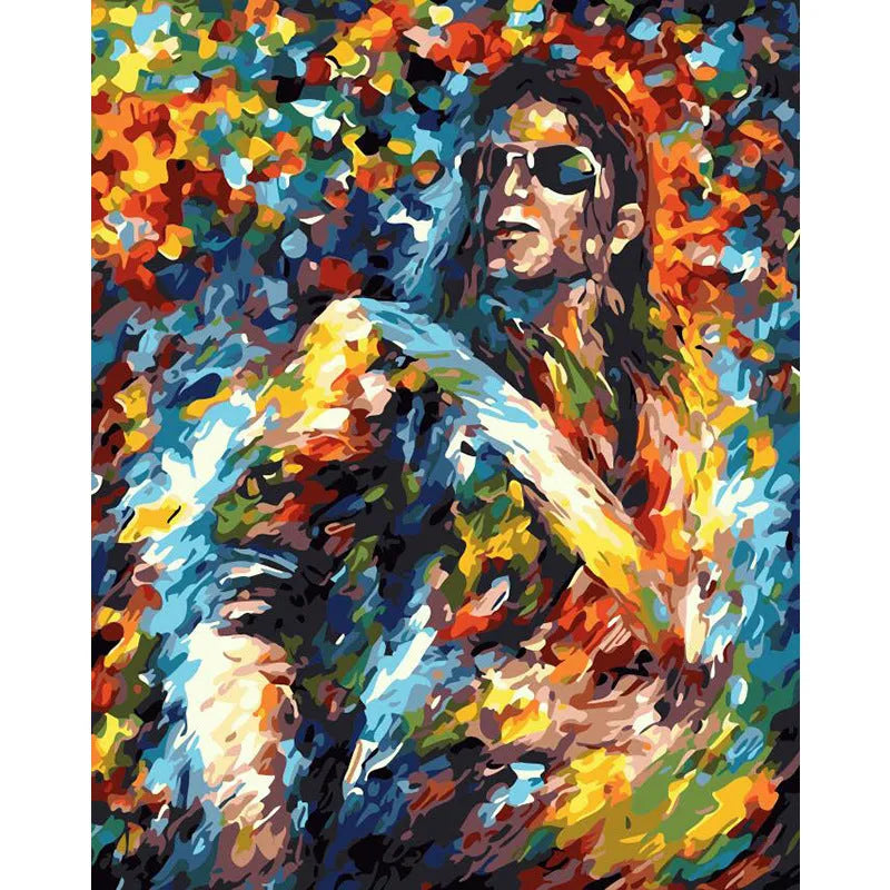 DIY digital painting kit showing 40×50cm canvas with body artwork, three paint brushes, and wall hooks
