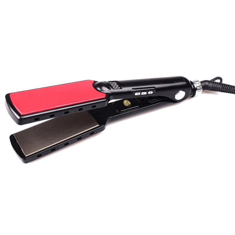 Black hair straightener with tourmaline ceramic plates and narrow 15mm heat conductor