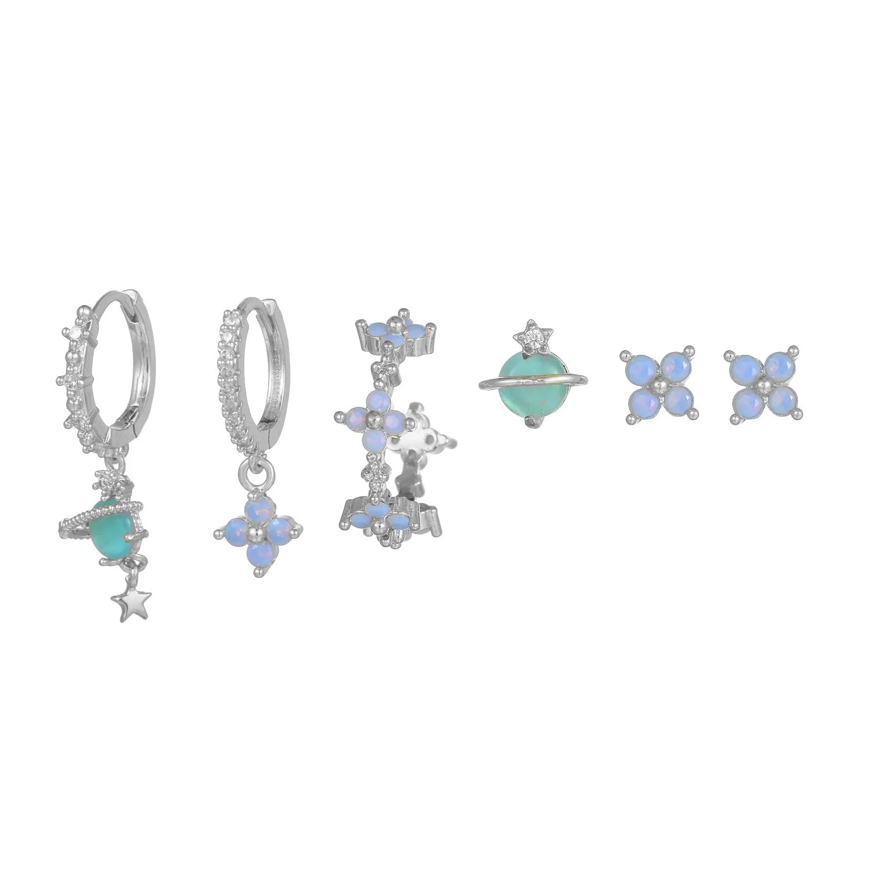 Gold and silver floral ear studs with blue zircon flower nail detail in Japanese Korean style