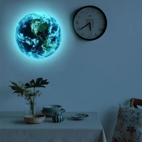 Glow in the dark 3D Earth planet wall sticker in various sizes on a wall
