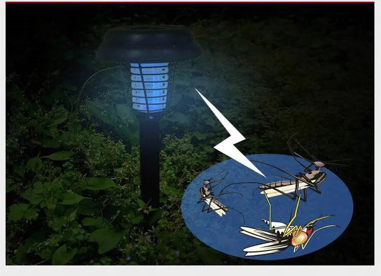 Black solar-powered garden insect lamp with white and UV purple light, 42cm tall.