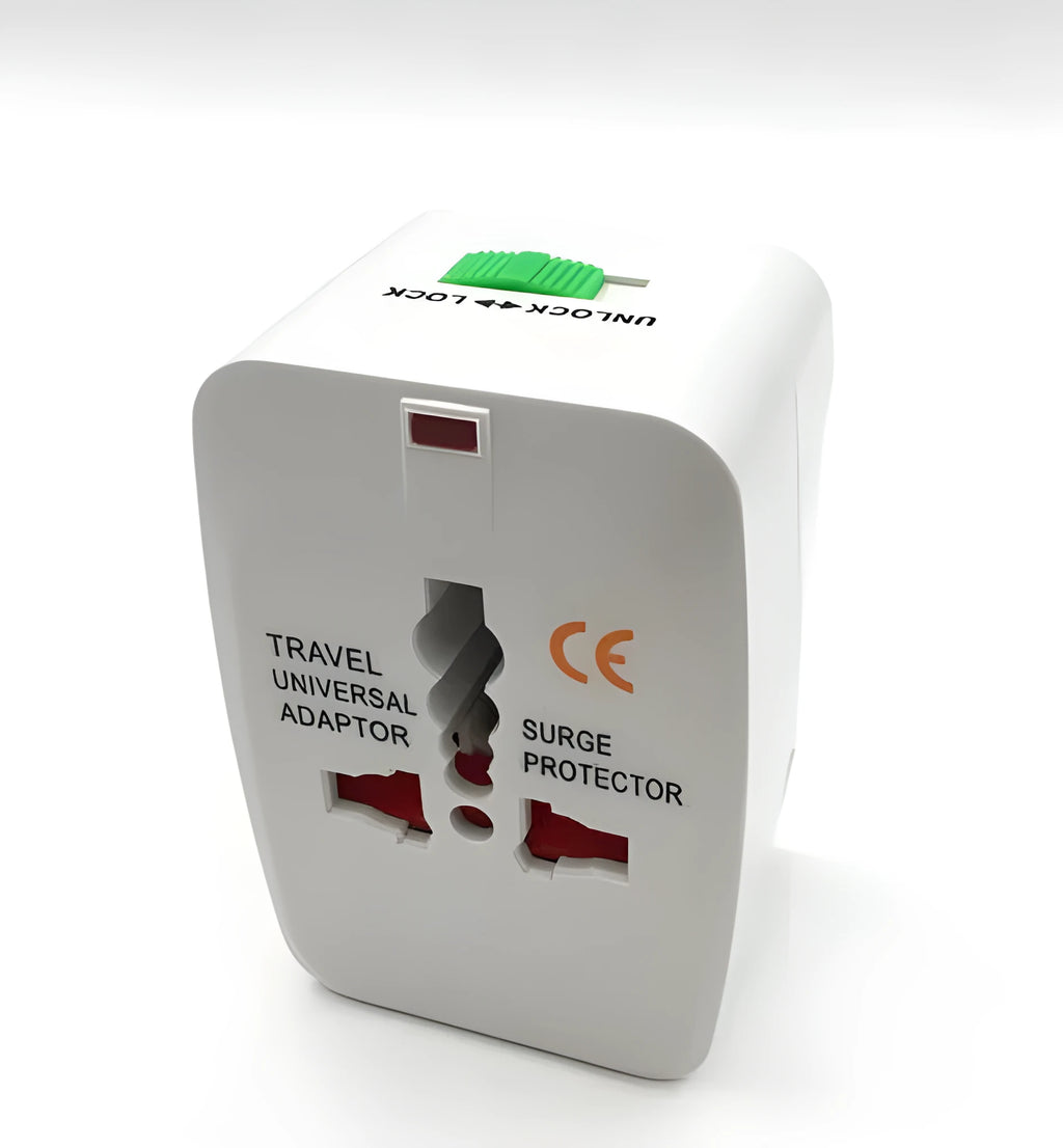 Compact white universal travel adapter plug for international power socket conversion.