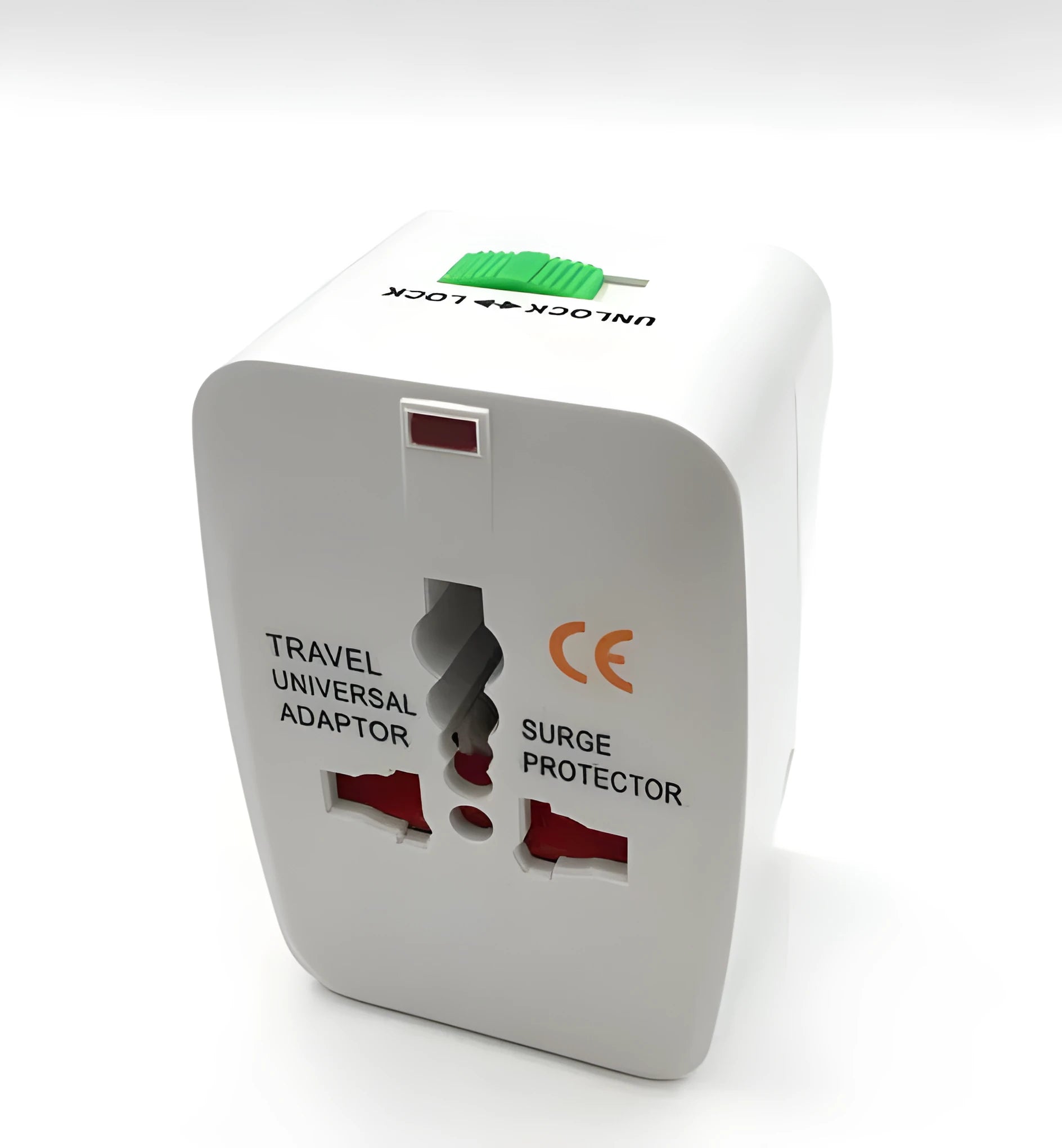 Compact white universal travel adapter plug for international power socket conversion.