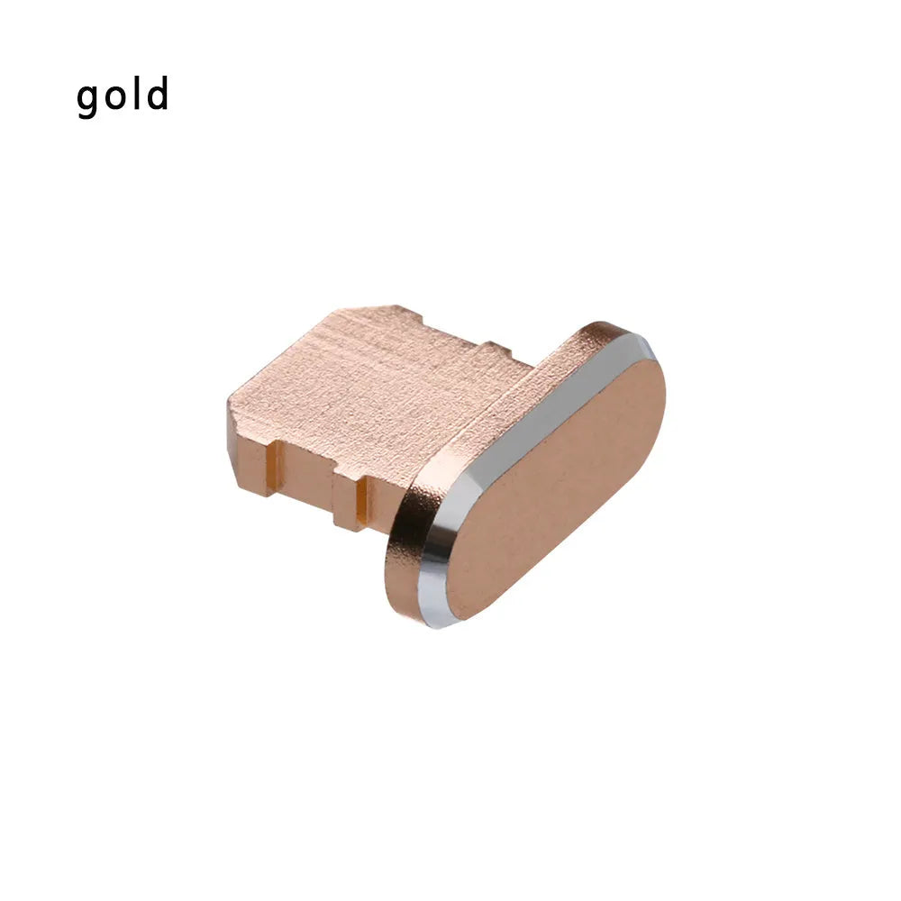 Aluminium alloy charging port dust plug for iPhone in various colours including gold, silver, blue, and black.