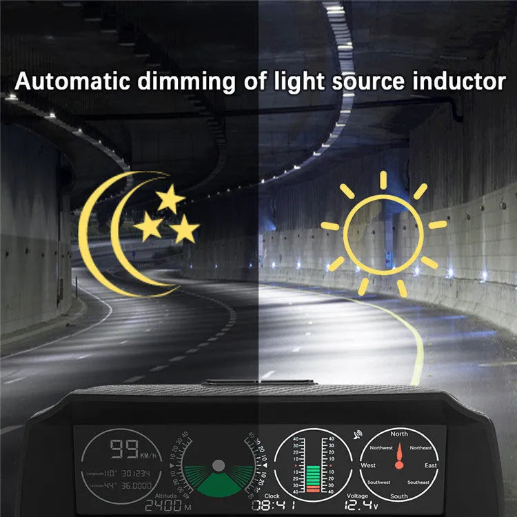 GPS GO 2 Universal Car Heads-Up Display (HUD) monitor with carbon fibre body on a car dashboard.