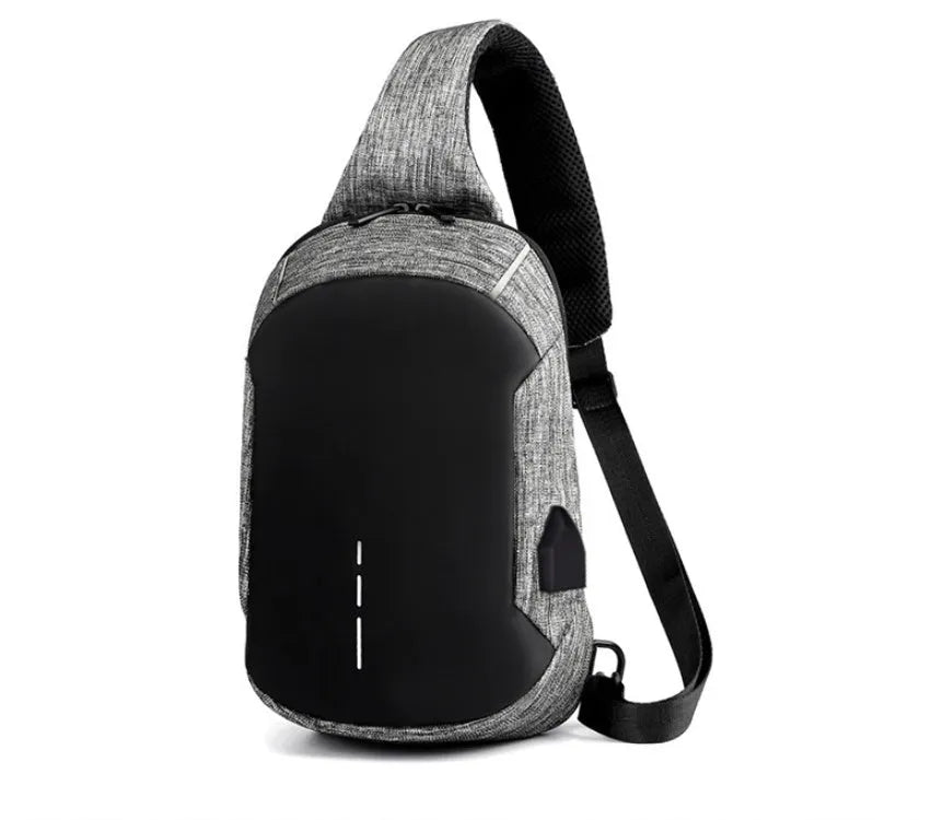 Dark blue Oxford cloth chest bag with zipper and adjustable strap, shown front-on.