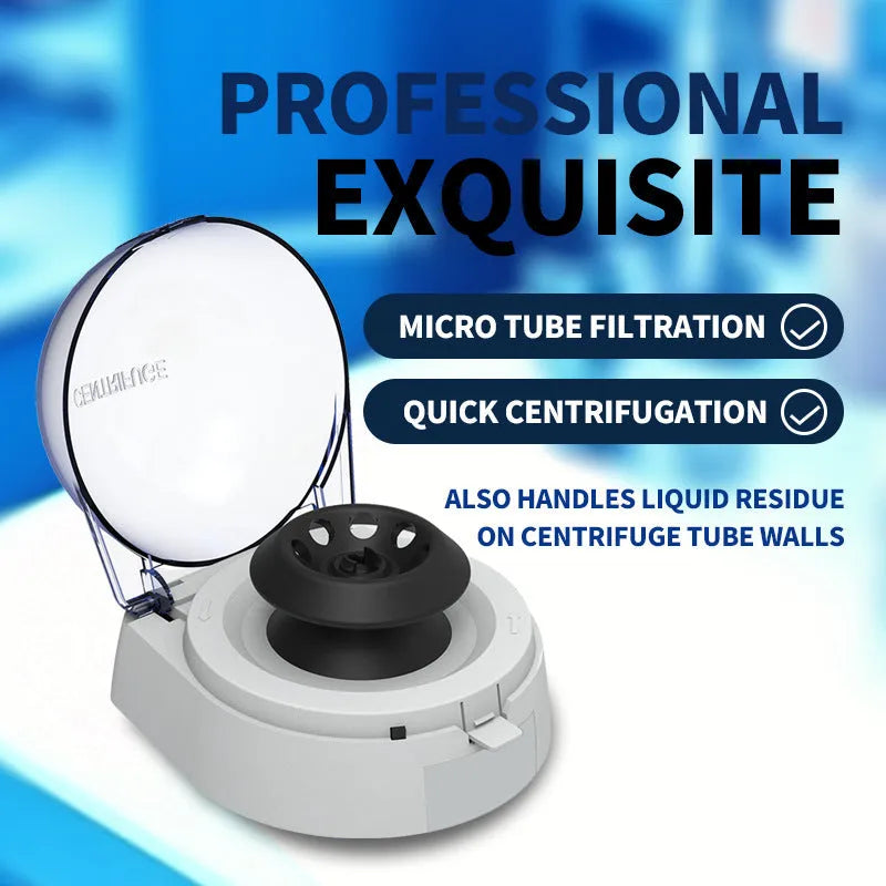 Mini laboratory centrifuge with 7000 RPM speed and compact dimensions