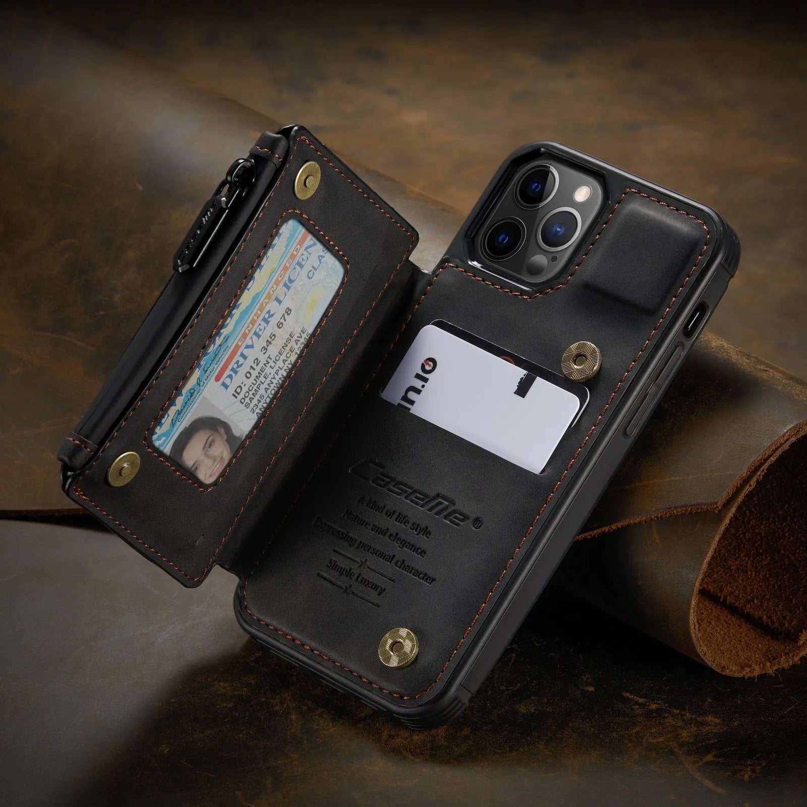 Anti-theft mobile phone case with belt holster in black, blue, brown, coffee, and wine red colours.