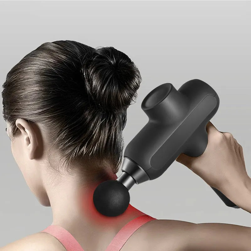Black handheld electric muscle massager with multiple attachment heads on a white background