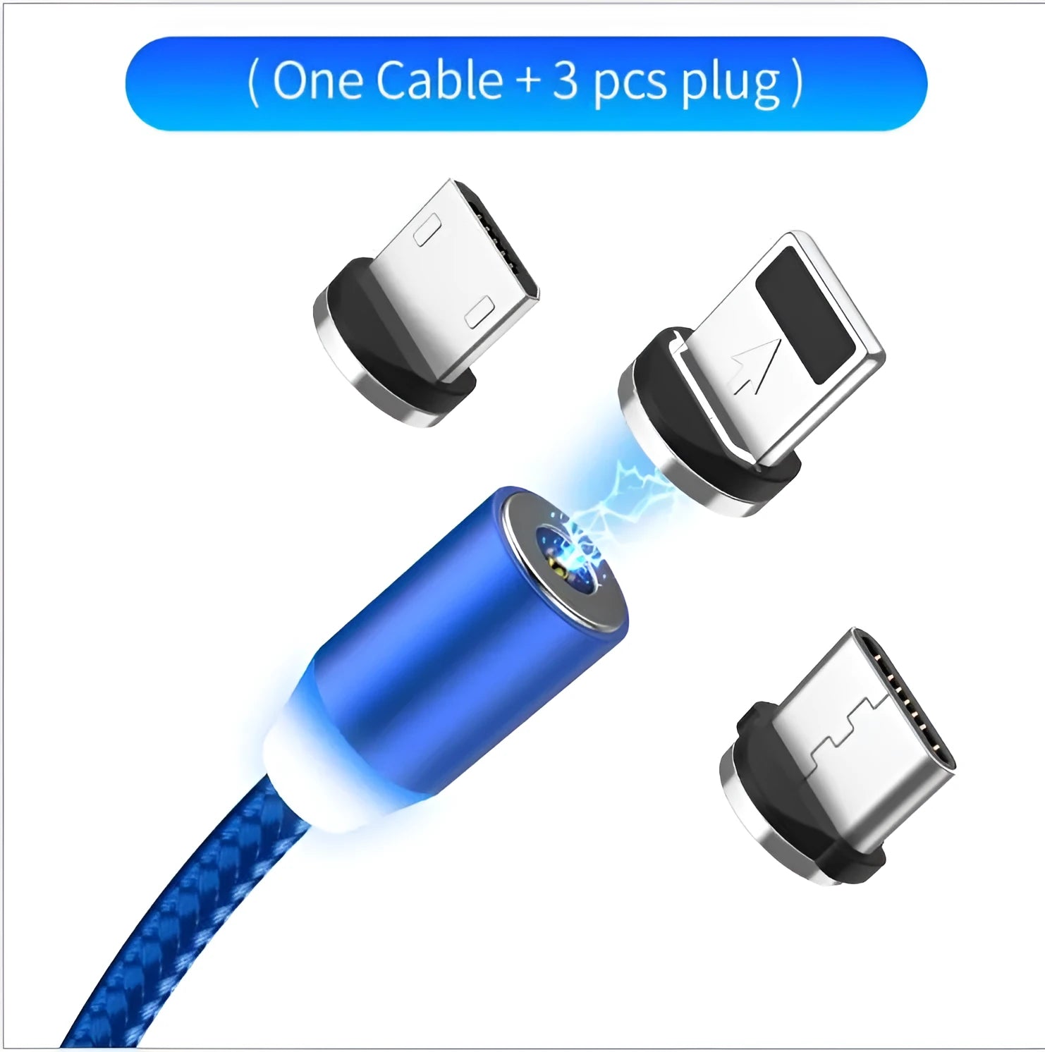 Black magnetic LED charging cable with aluminium shell and woven texture, showing LED light and connector.