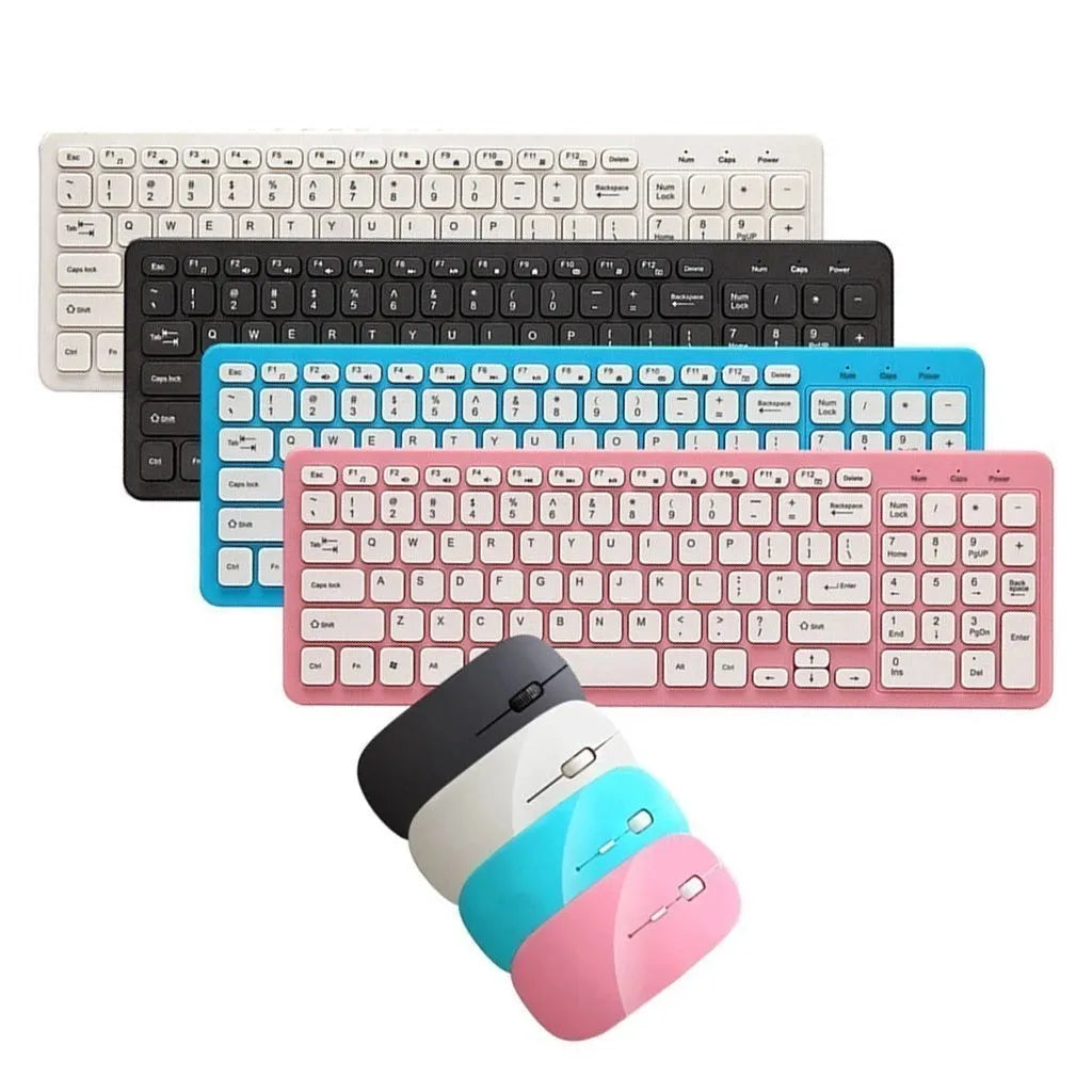 Wireless keyboard and mouse set in black, white, pink, or blue colours with 96-key layout and adjustable DPI mouse