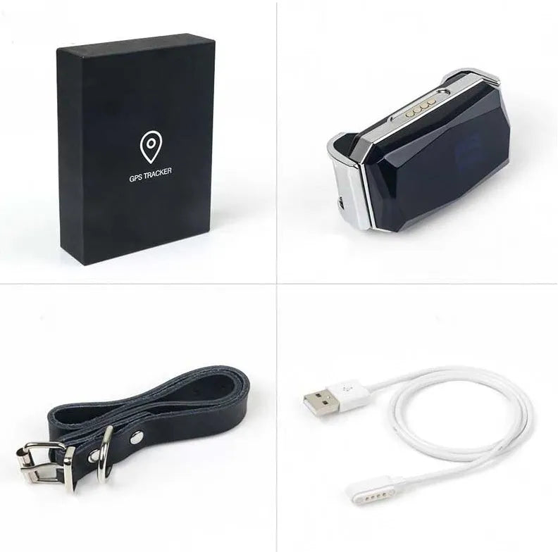 Blue 2G GPS pet tracker on a table with charging cable and hanging rope