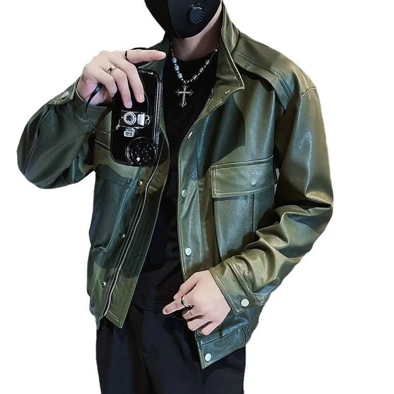 Men's black Korean-style PU leather pilot jacket with side pockets on a hanger.