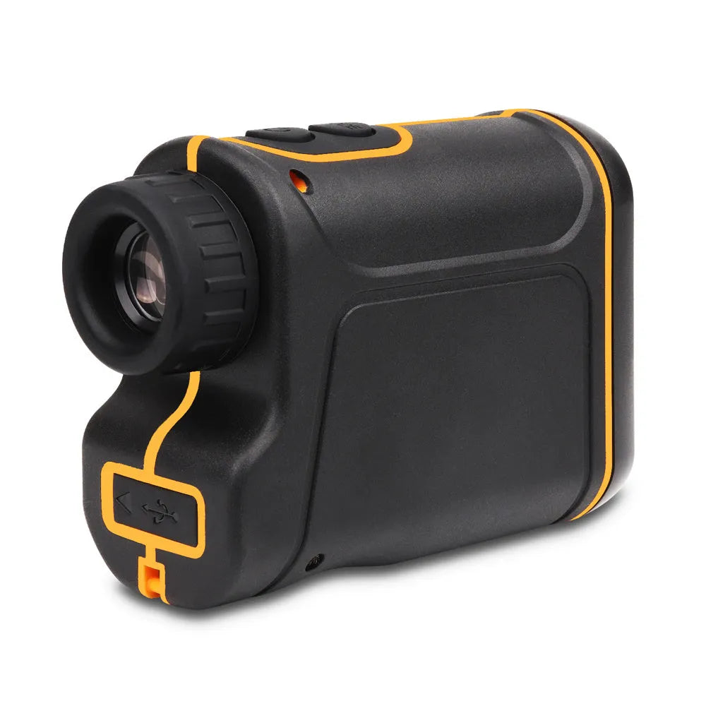 Handheld golf and outdoor laser rangefinder device on a green.