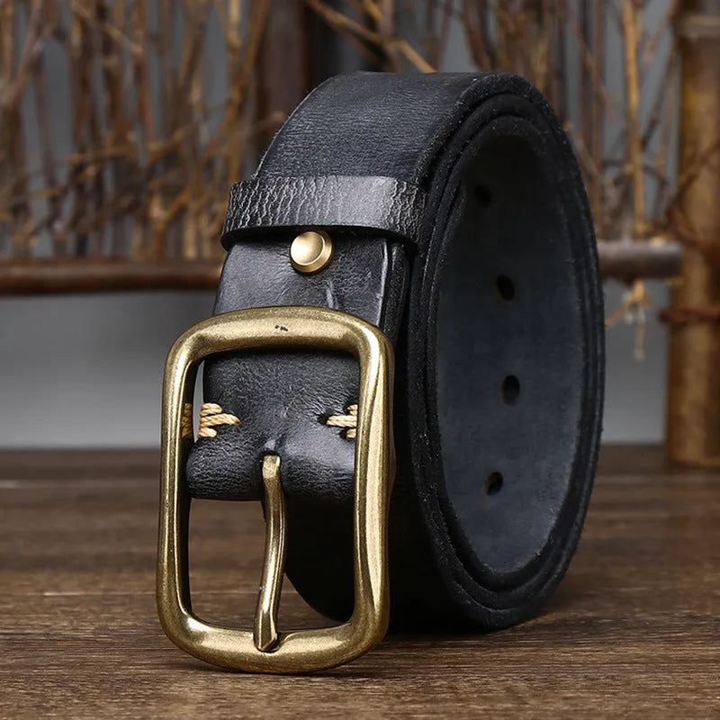 Men's cowhide vintage distressed pleated belt with copper buckle, 3.8cm wide, black brown khaki reddish brown